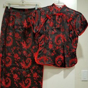 Chinese Red & Black 'Cheung Saam' 2-pc gown